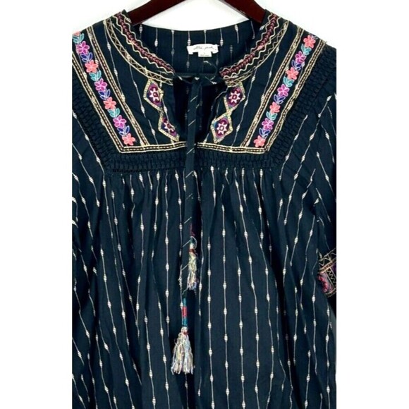 Ultra Pink Women L Top Black Gold Embroider Puff Sleeve Tassel Boho Festival N1 - Picture 8 of 12